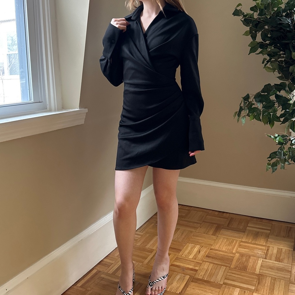 Black Faux Wrap Collared Dress